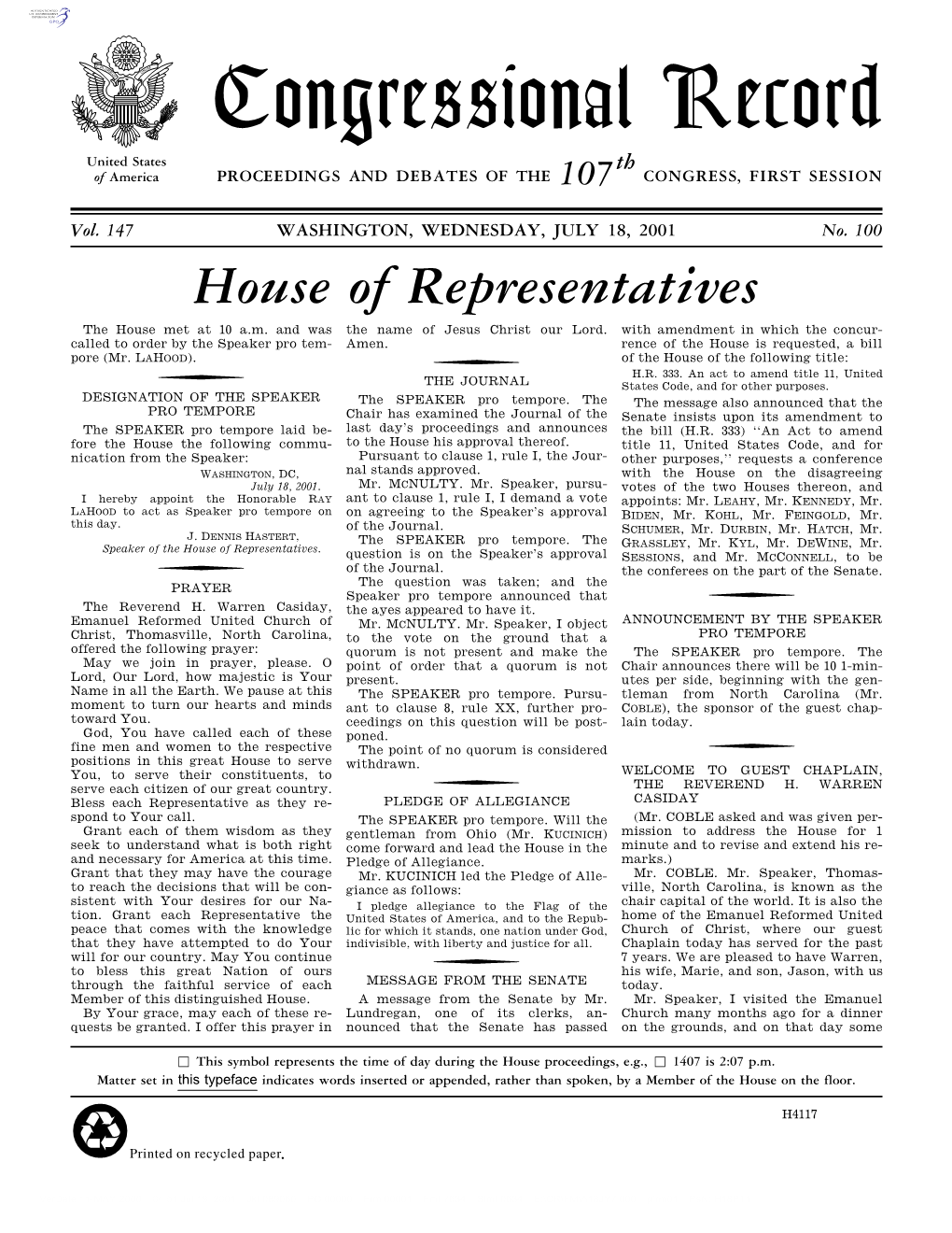 Congressional Record United States Th of America PROCEEDINGS and DEBATES of the 107 CONGRESS, FIRST SESSION