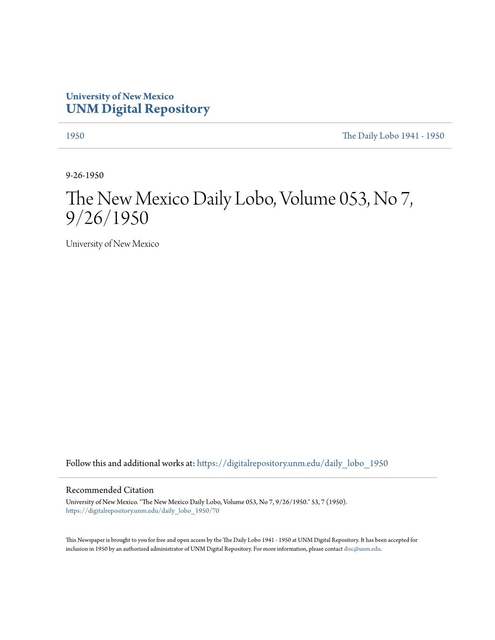 The New Mexico Daily Lobo, Volume 053, No 7, 9/26/1950