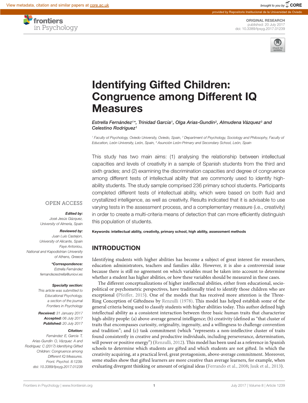 Identifying Gifted Children: Congruence Among Different IQ Measures