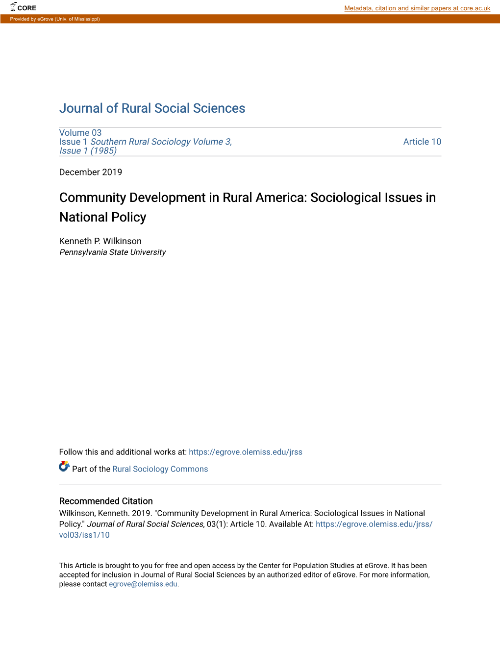 Community Development in Rural America: Sociological Issues in National Policy