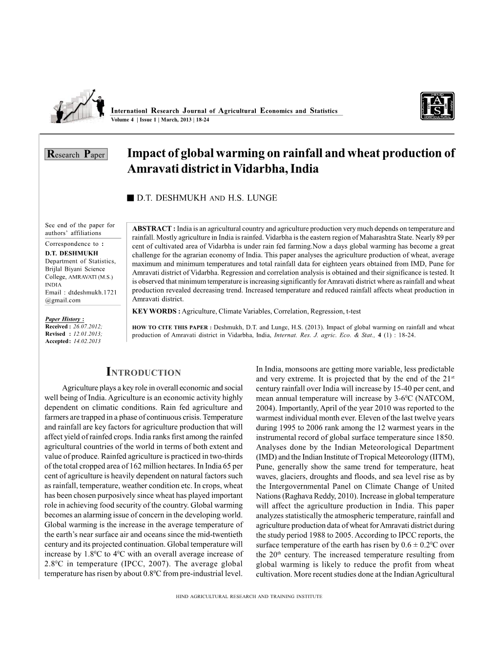 Impact of Global Warming on Rainfall and Wheat Production of Amravati District in Vidarbha, India