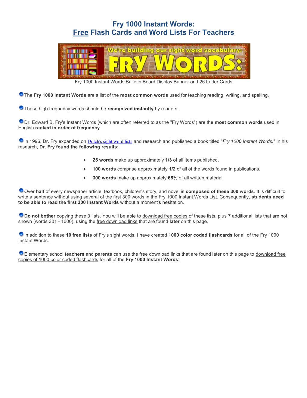 Fry 1000 Instant Words: Free Flash Cards and Word Lists for Teachers