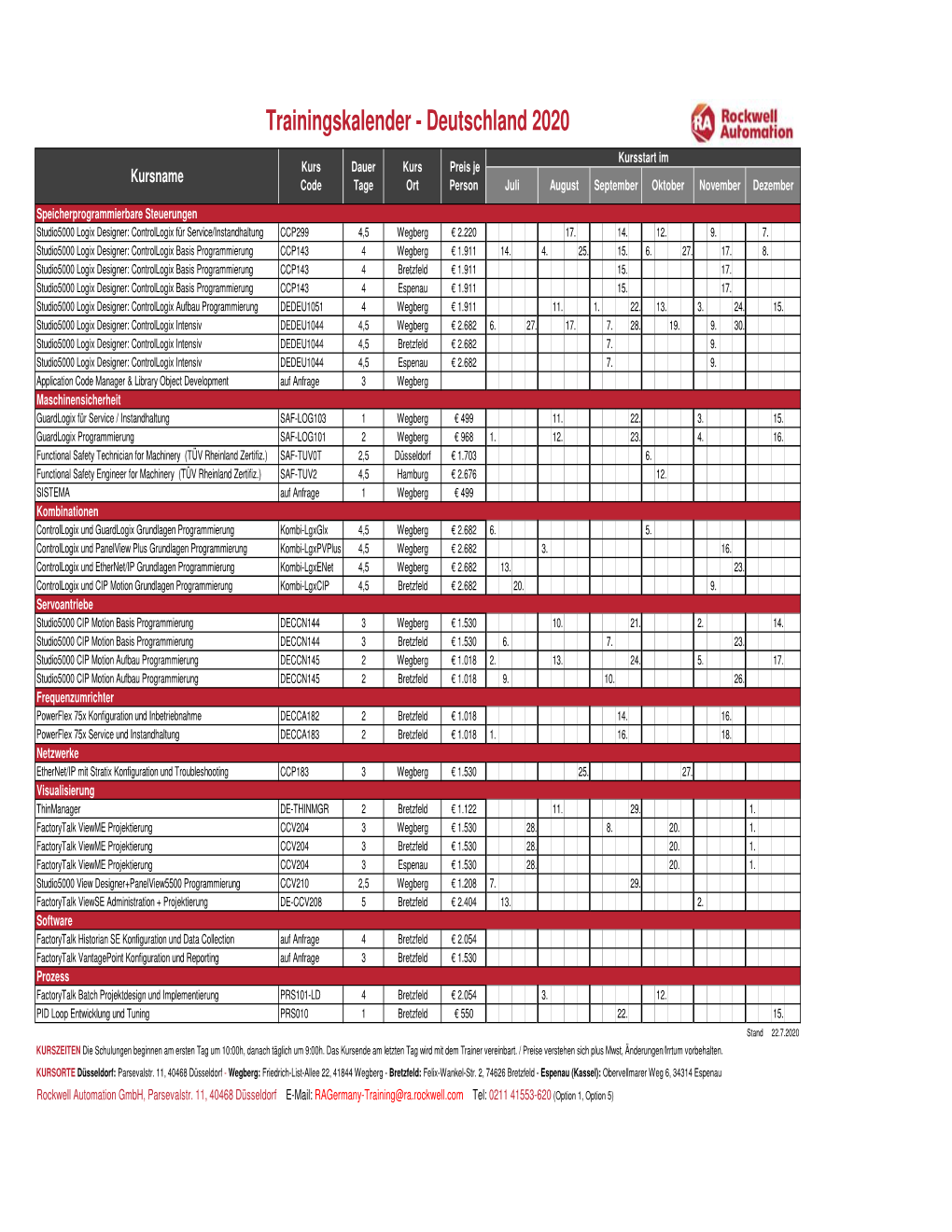 Trainingskalender - Deutschland 2020