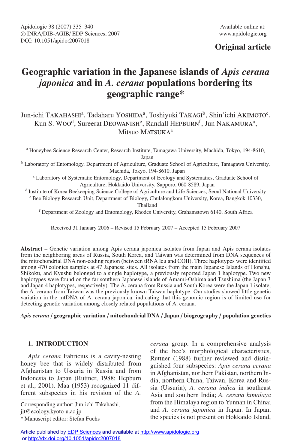 Geographic Variation in the Japanese Islands of Apis Cerana Japonica and in A