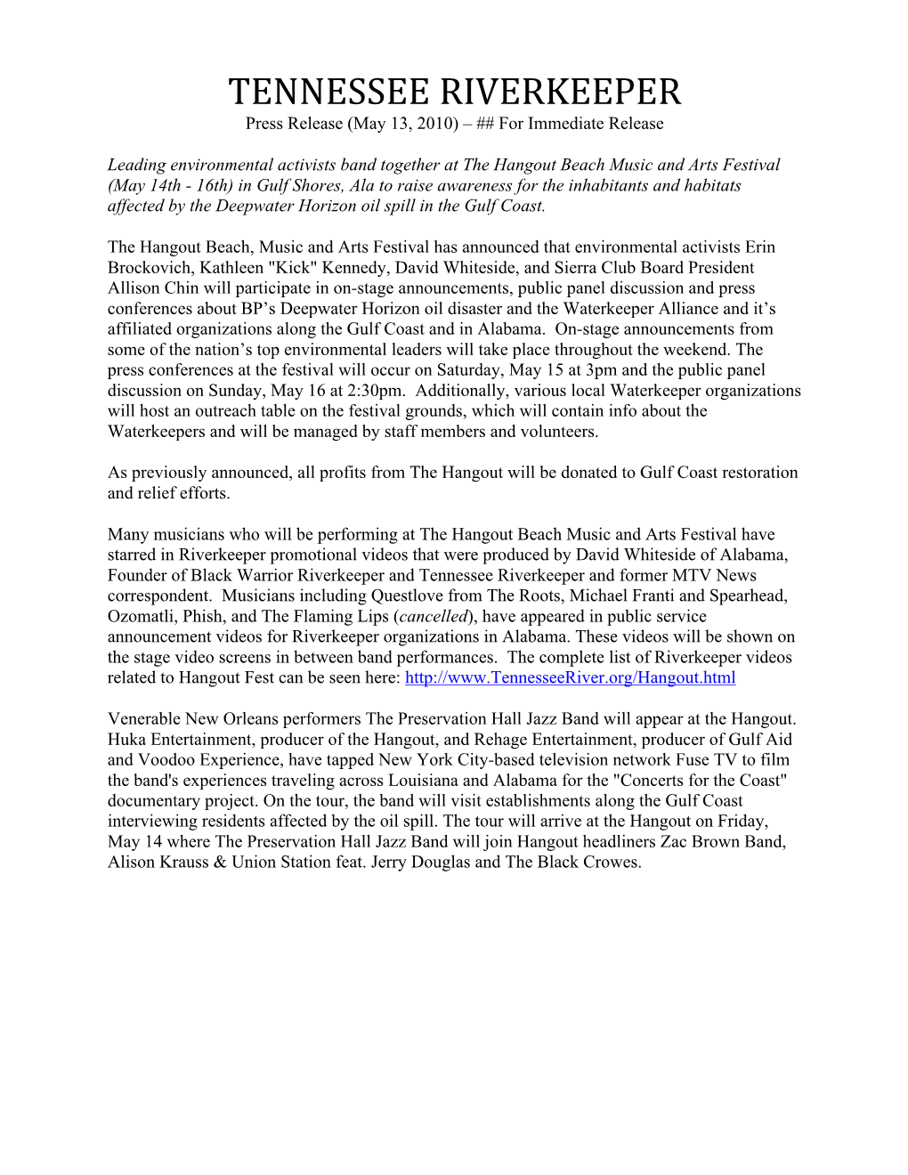 Pressrelease 2010 Hangout Waterkeeper