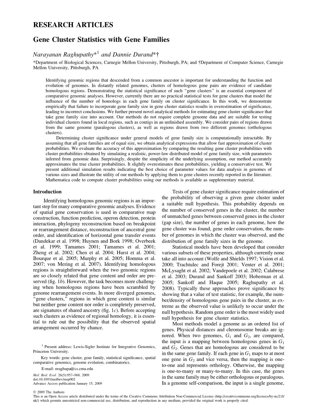 RESEARCH ARTICLES Gene Cluster Statistics with Gene Families