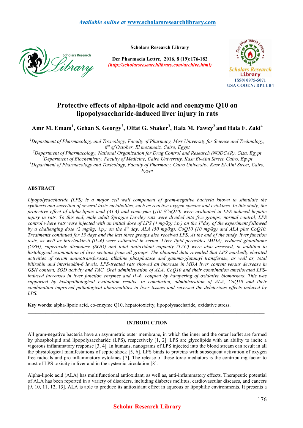 Protective Effects of Alpha-Lipoic Acid and Coenzyme Q10 on Lipopolysaccharide-Induced Liver Injury in Rats