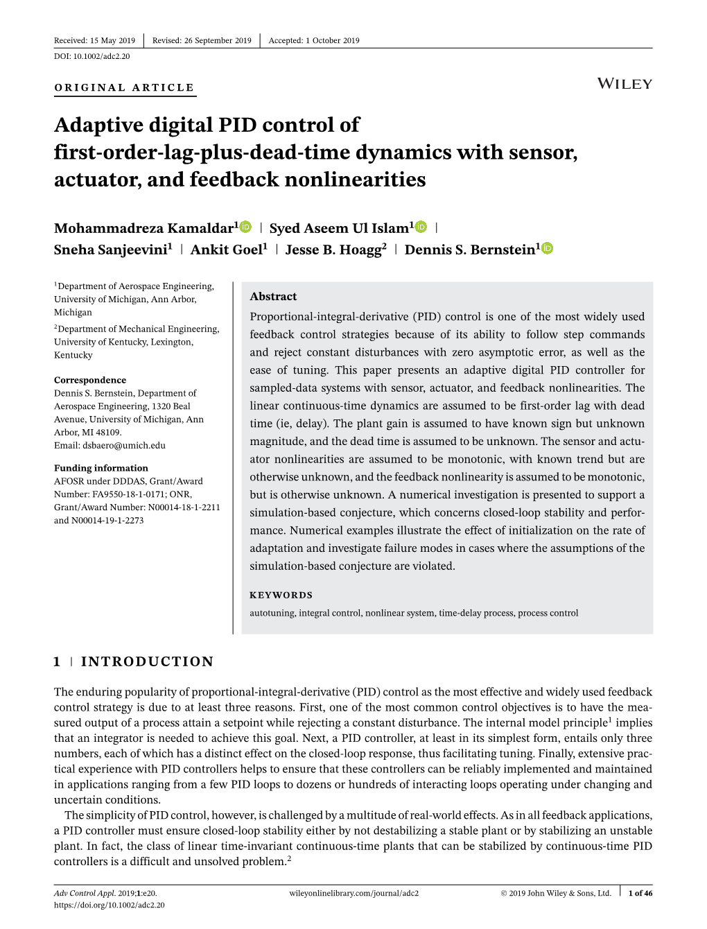 Adaptive Digital PID Control of First‐Order‐Lag‐Plus‐Dead‐Time Dynamics with Sensor, Actuator, and Feedback Nonlineari