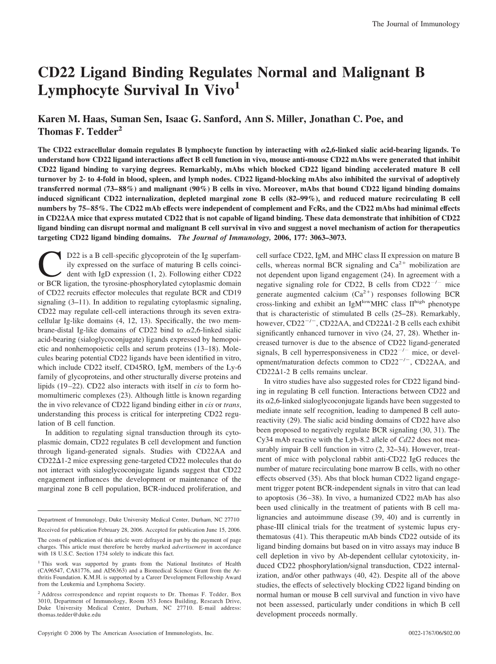 Malignant B Lymphocyte Survival in Vivo CD22 Ligand Binding Regulates Normal