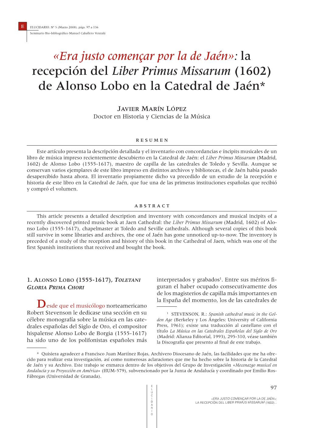 La Recepción Del Liber Primus Missarum (1602) De Alonso Lobo En La Catedral De Jaén*