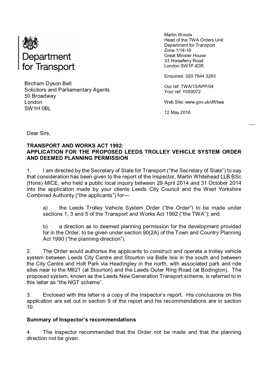 Application for the Proposed Leeds Trolley Vehicle System Order and Deemed Planning Permission