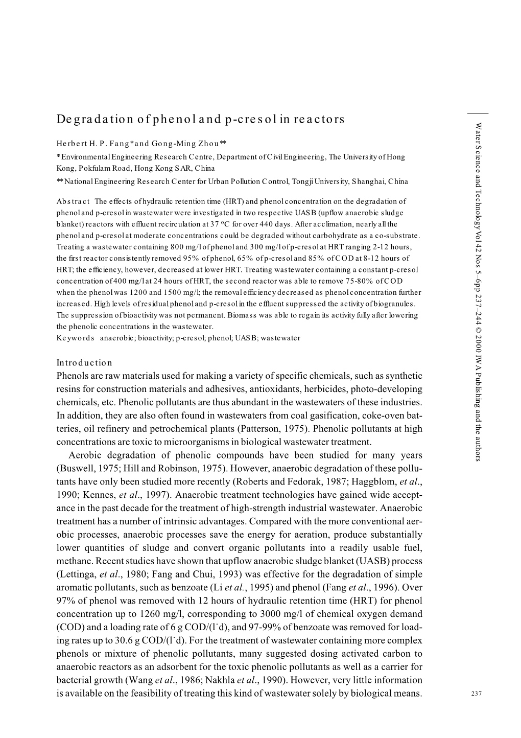 Degradation of Phenol and P-Cresol in Reactors Water Science and Technology