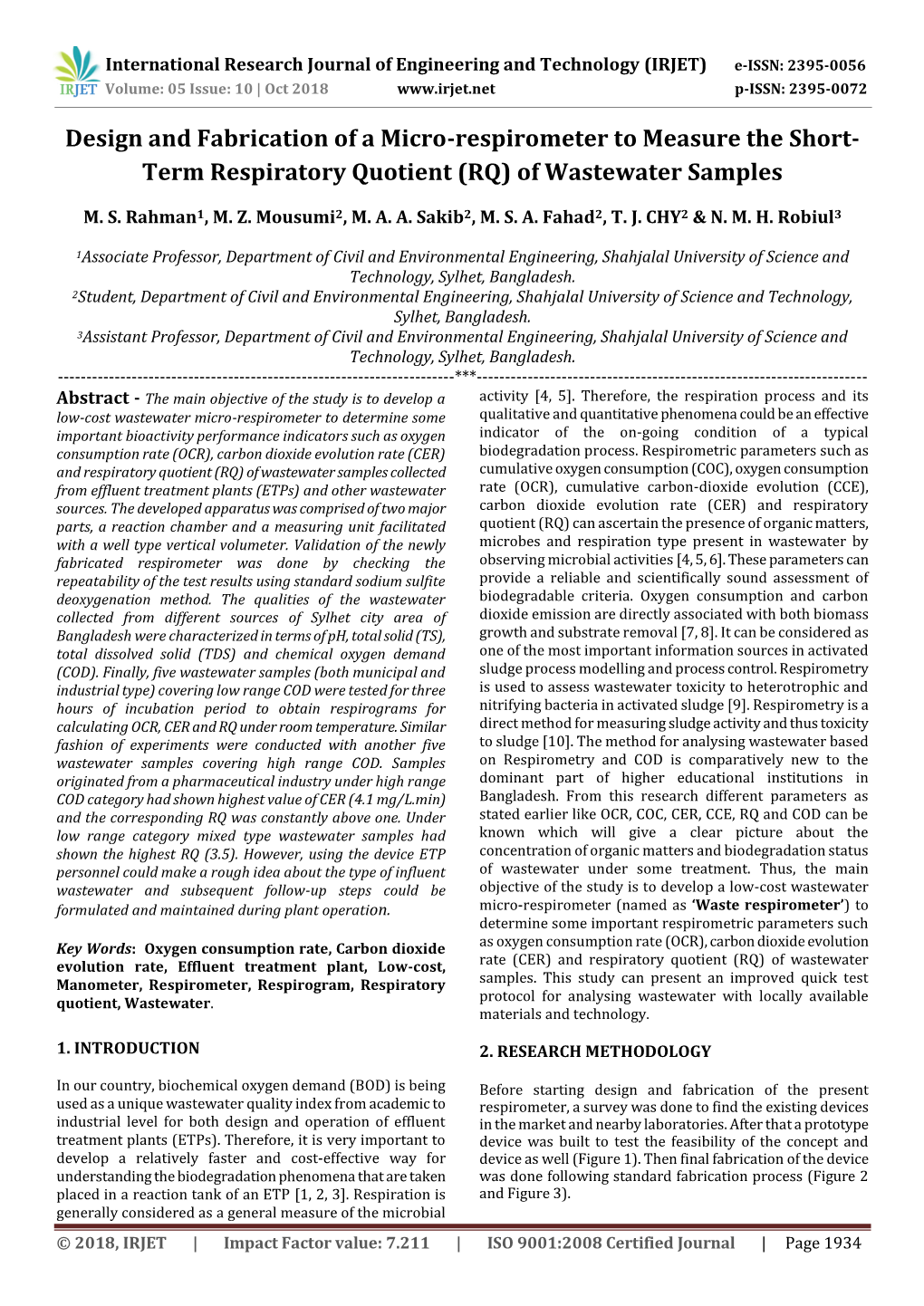 Term Respiratory Quotient (RQ) of Wastewater Samples