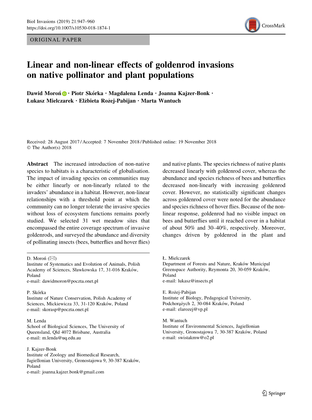 Linear and Non-Linear Effects of Goldenrod Invasions on Native Pollinator and Plant Populations
