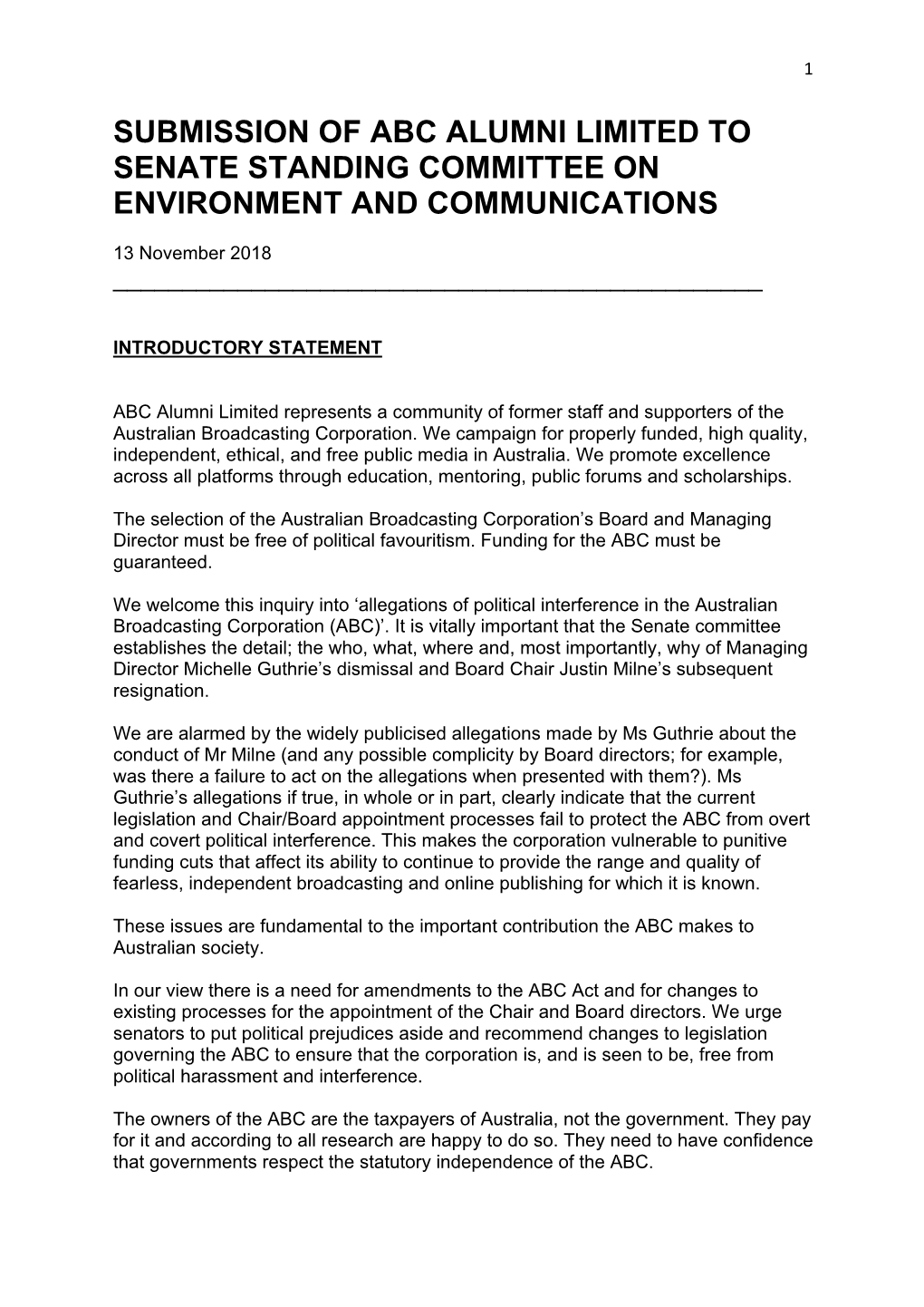 Submission of Abc Alumni Limited to Senate Standing Committee on Environment and Communications