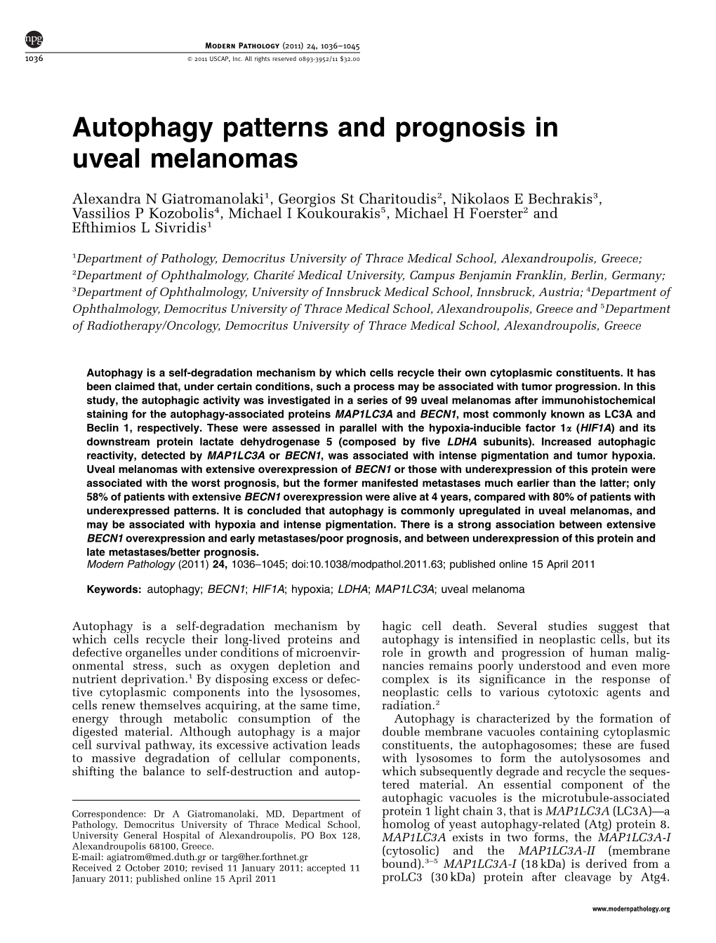 Autophagy Patterns and Prognosis in Uveal Melanomas