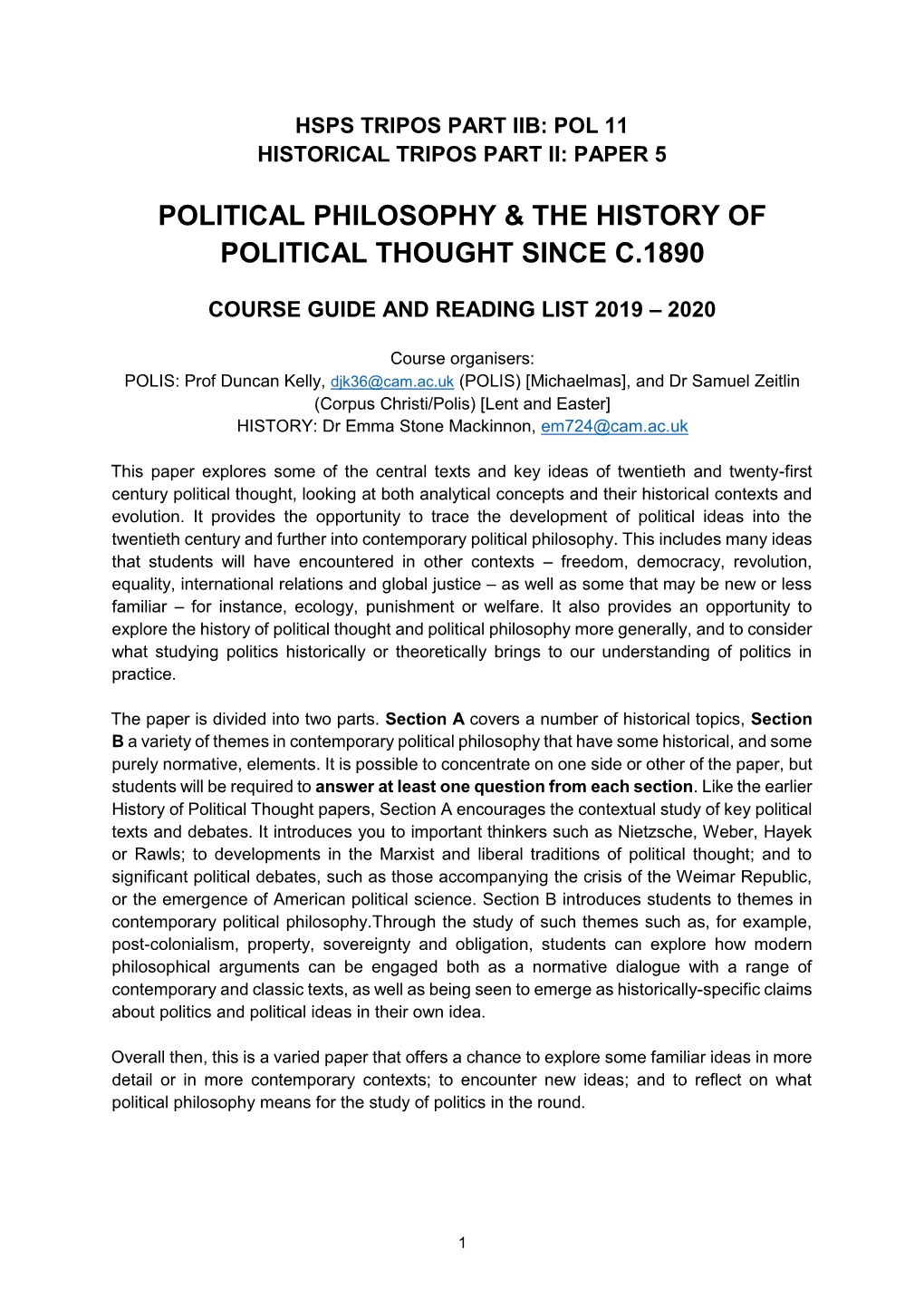 Part II Paper 5. Political Philosophy and the History of Political Thought