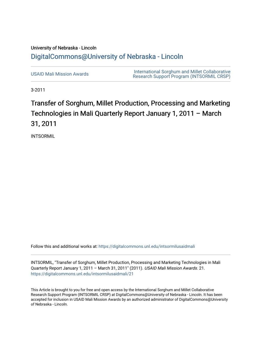 Transfer of Sorghum, Millet Production, Processing and Marketing Technologies in Mali Quarterly Report January 1, 2011 – March 31, 2011