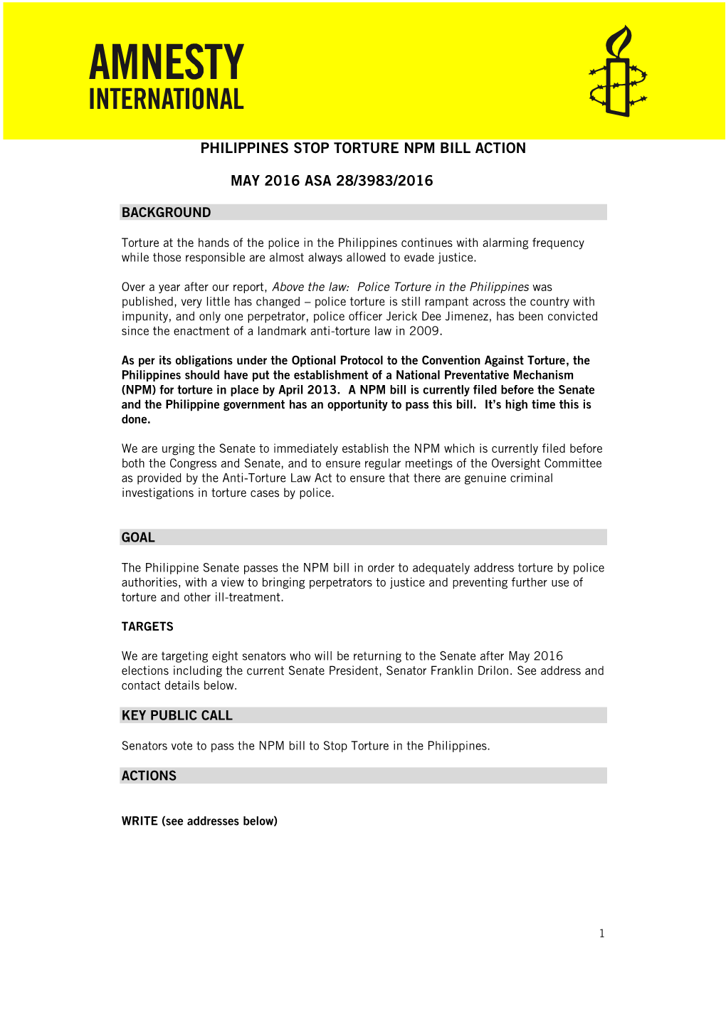 Philippines Stop Torture Npm Bill Action May 2016 Asa 28