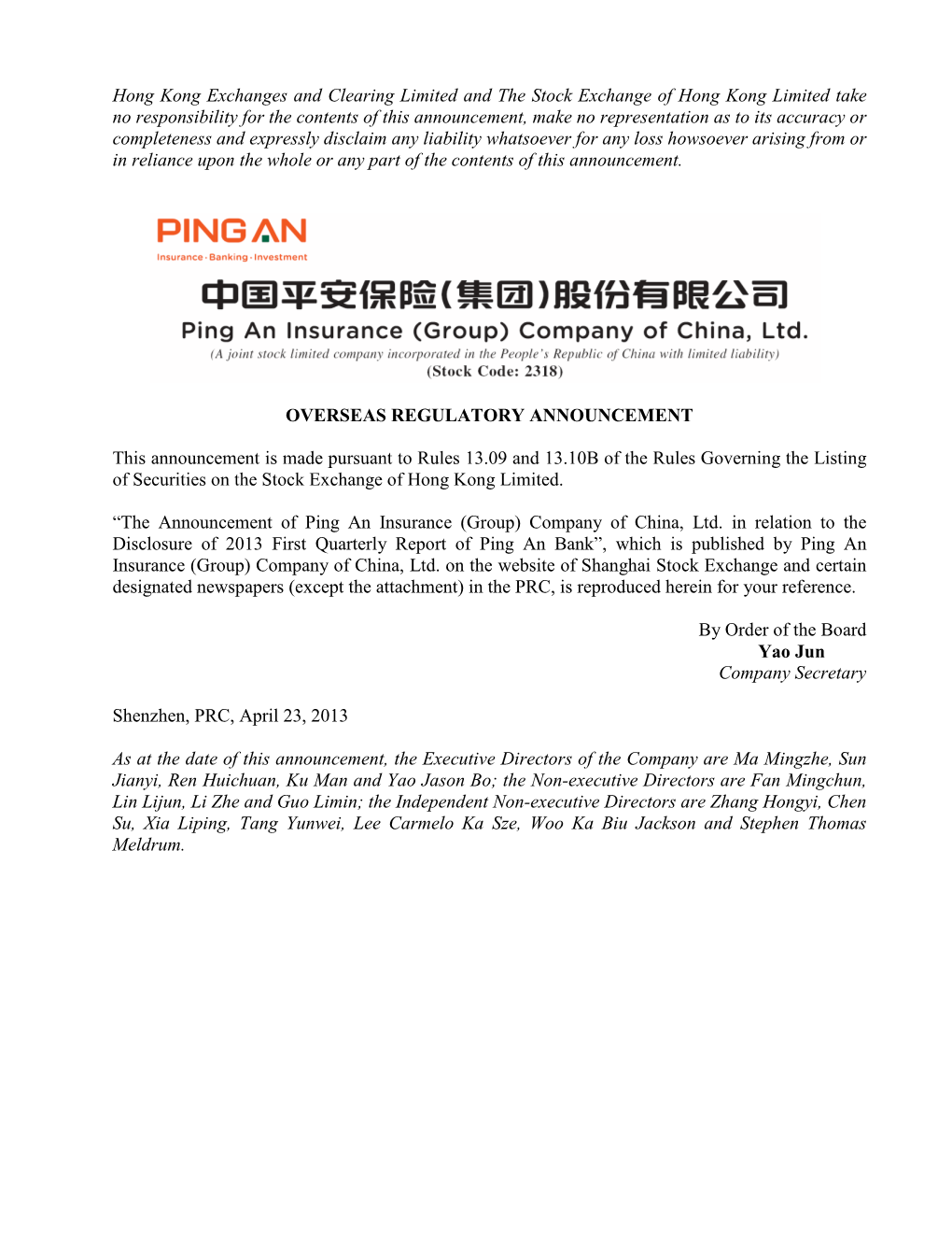 Ping an Bank Co., Ltd. 2013 First Quarterly Report