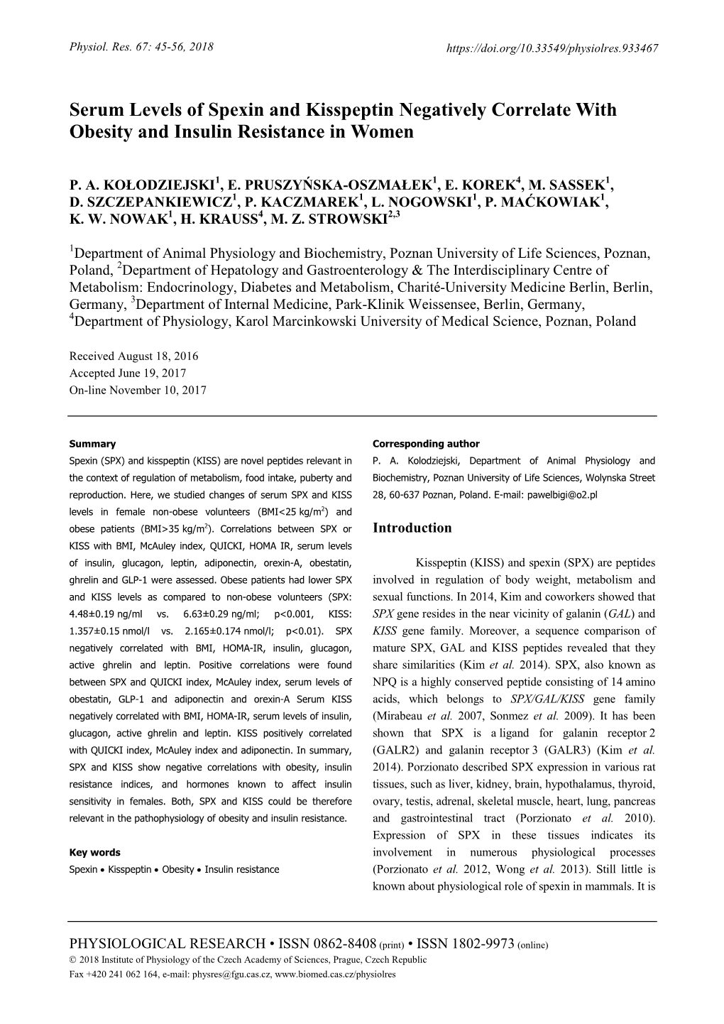 Serum Levels of Spexin and Kisspeptin Negatively Correlate with Obesity and Insulin Resistance in Women