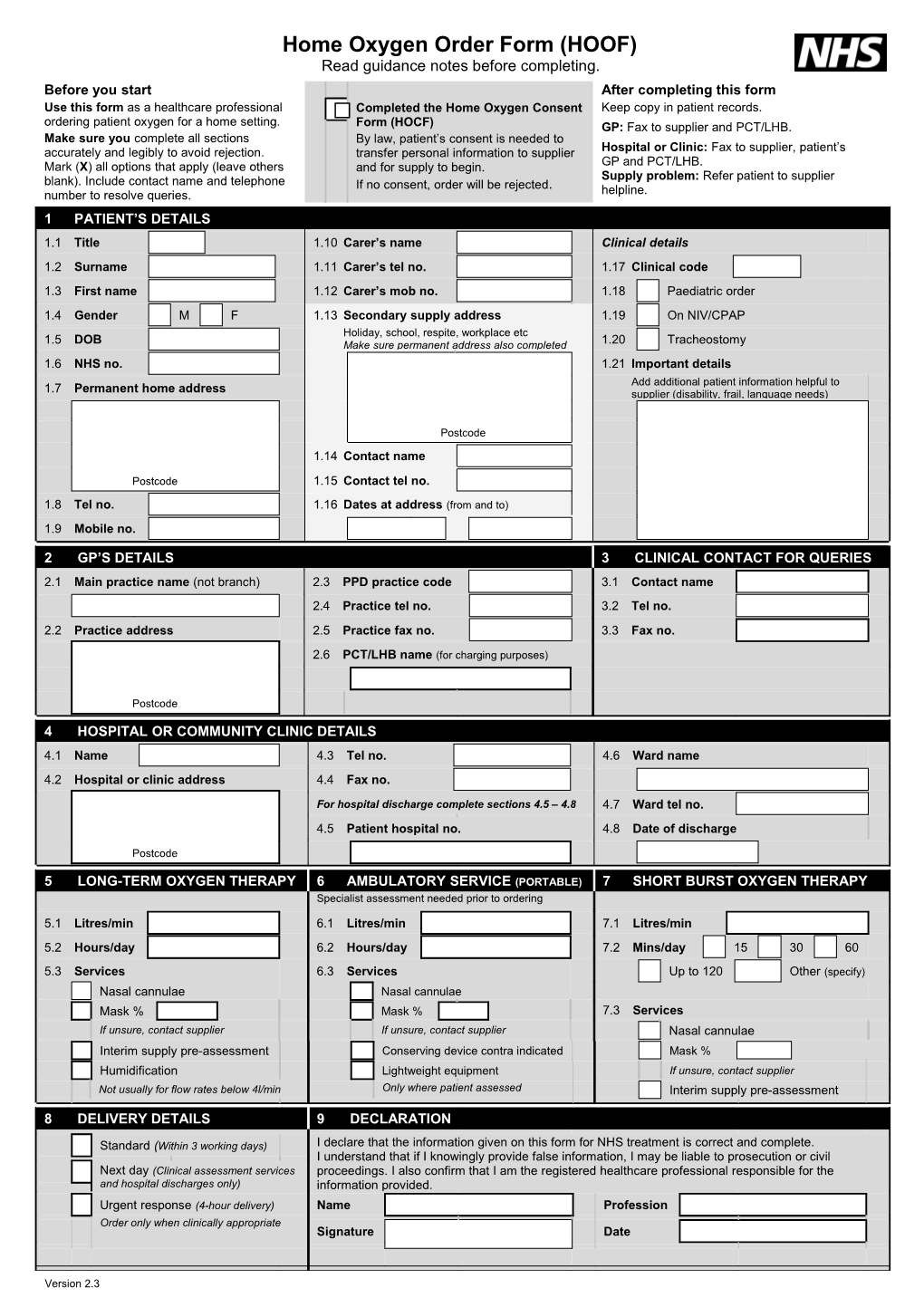 Home Oxygen Order Form (HOOF)