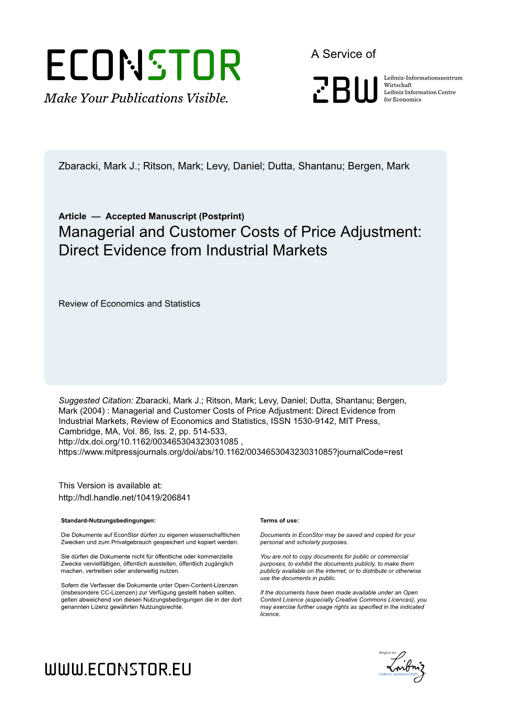 Managerial and Customer Costs of Price Adjustment: Direct Evidence from Industrial Markets