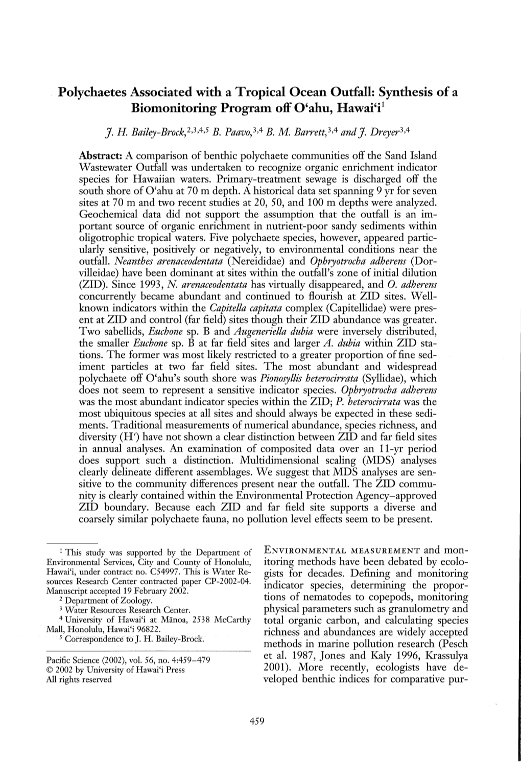 Polychaetes Associated with a Tropical Ocean Outfall: Synthesis of a Biomonitoring Program Off O'ahu, Hawai'f