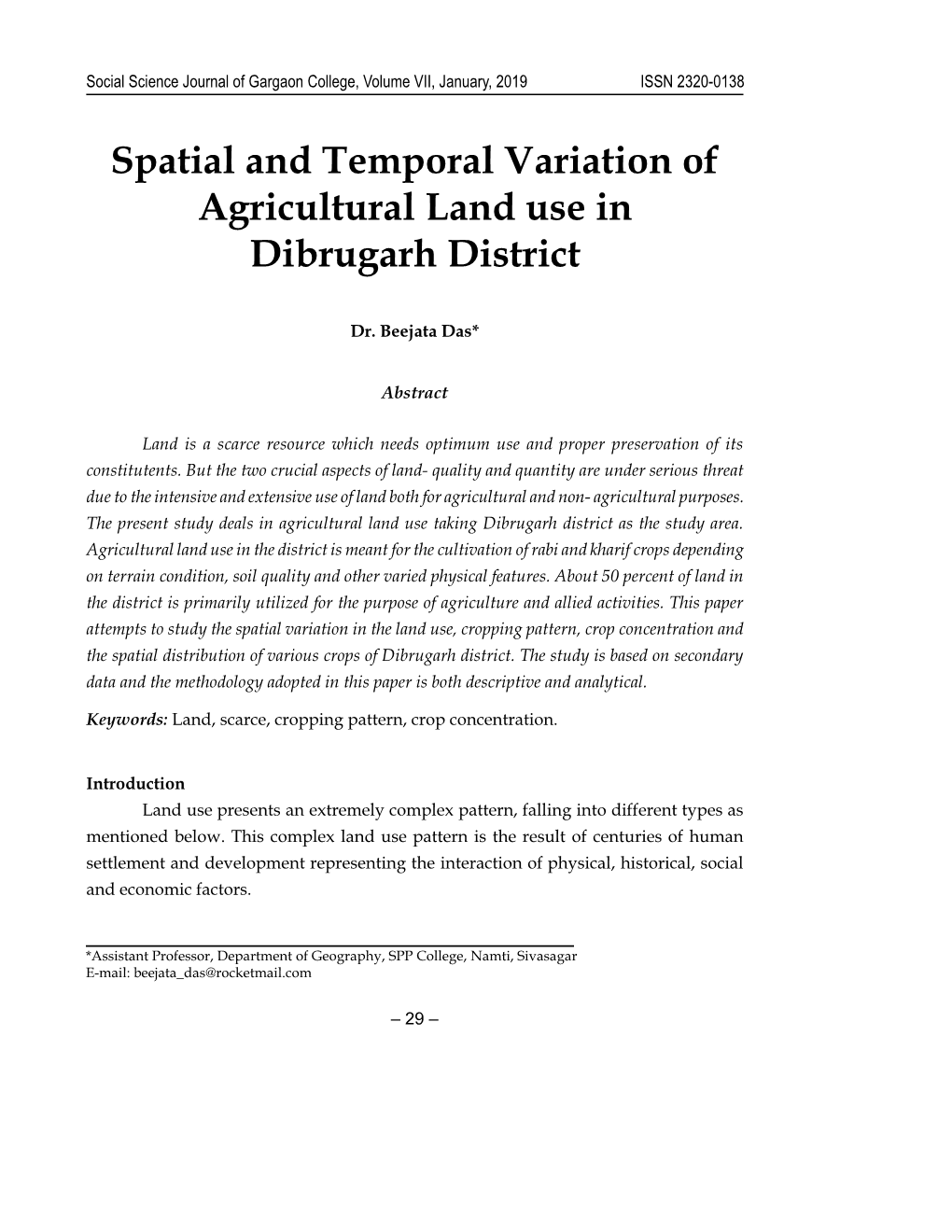 Spatial and Temporal Variation of Agricultural Land Use in Dibrugarh District