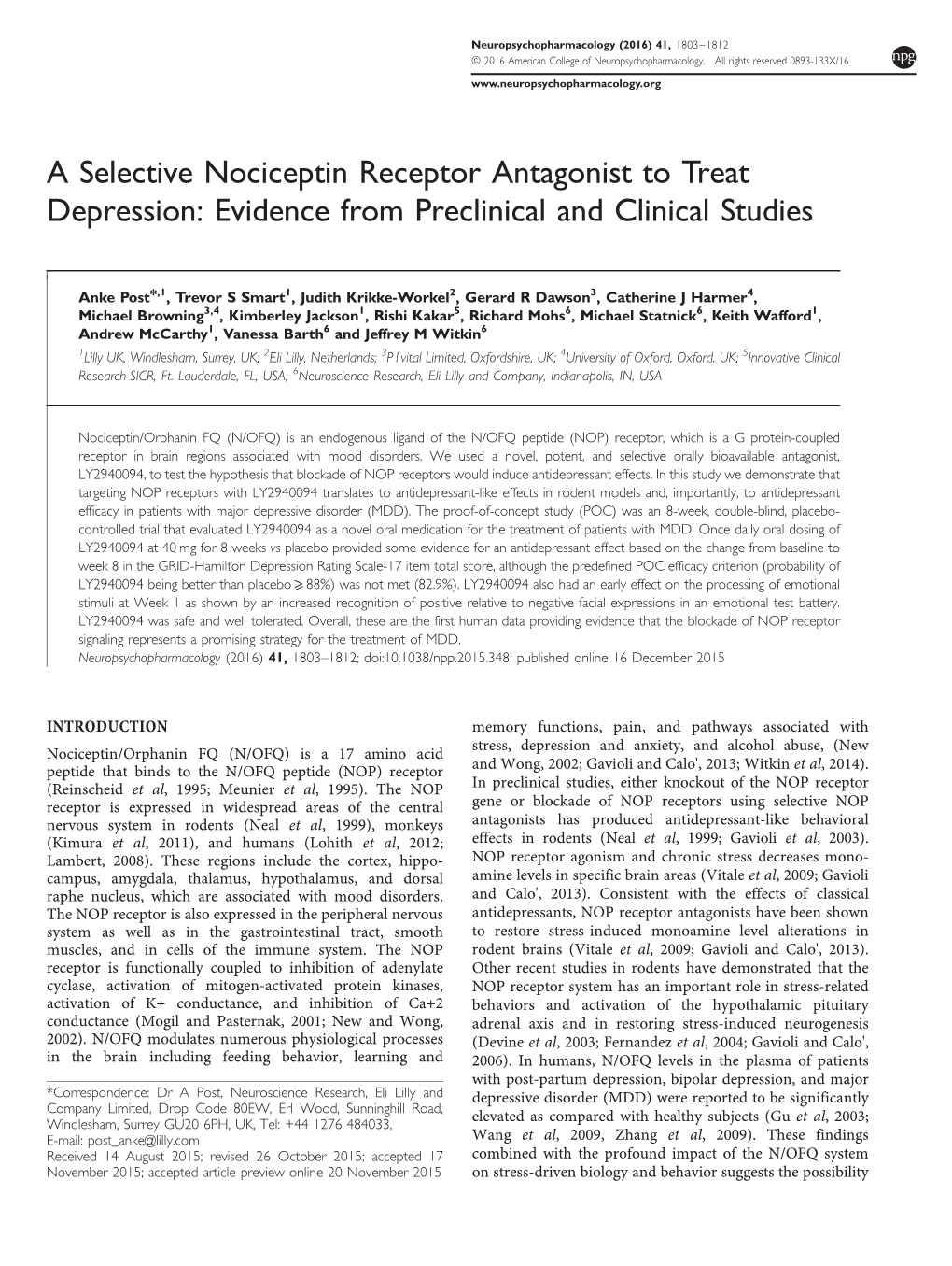 A Selective Nociceptin Receptor Antagonist to Treat Depression: Evidence from Preclinical and Clinical Studies