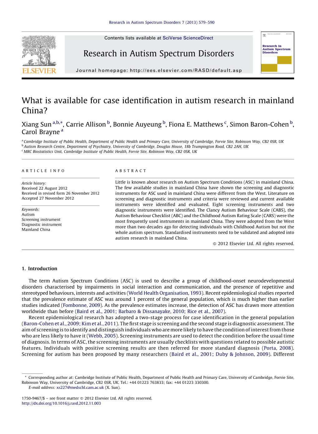 What Is Available for Case Identification in Autism Research in Mainland China?