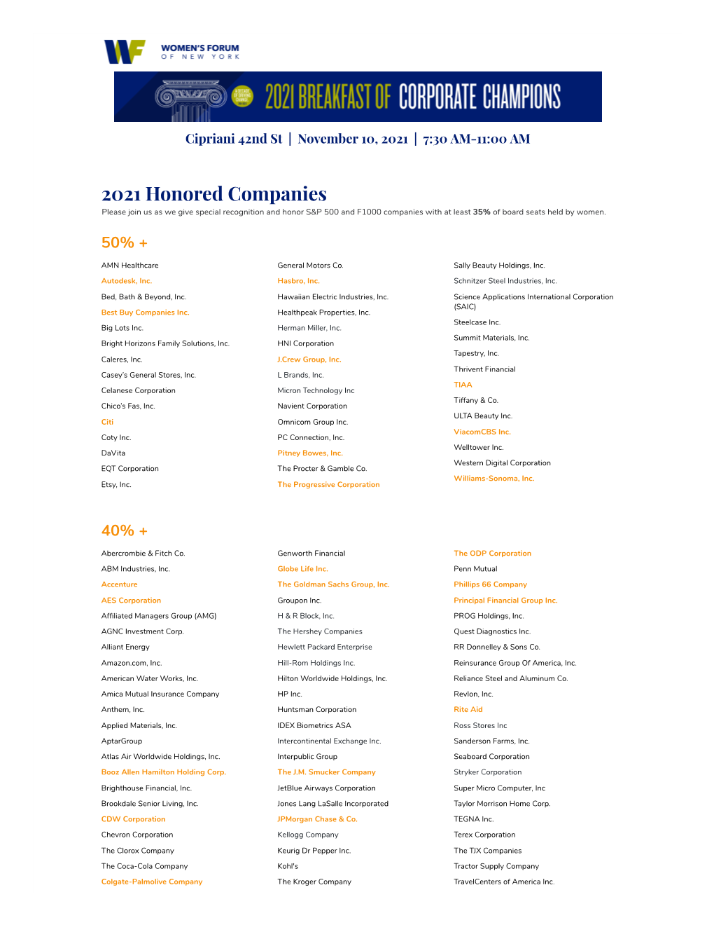 2021 Honored Companies Please Join Us As We Give Special Recognition and Honor S&P 500 and F1000 Companies with at Least 35% of Board Seats Held by Women