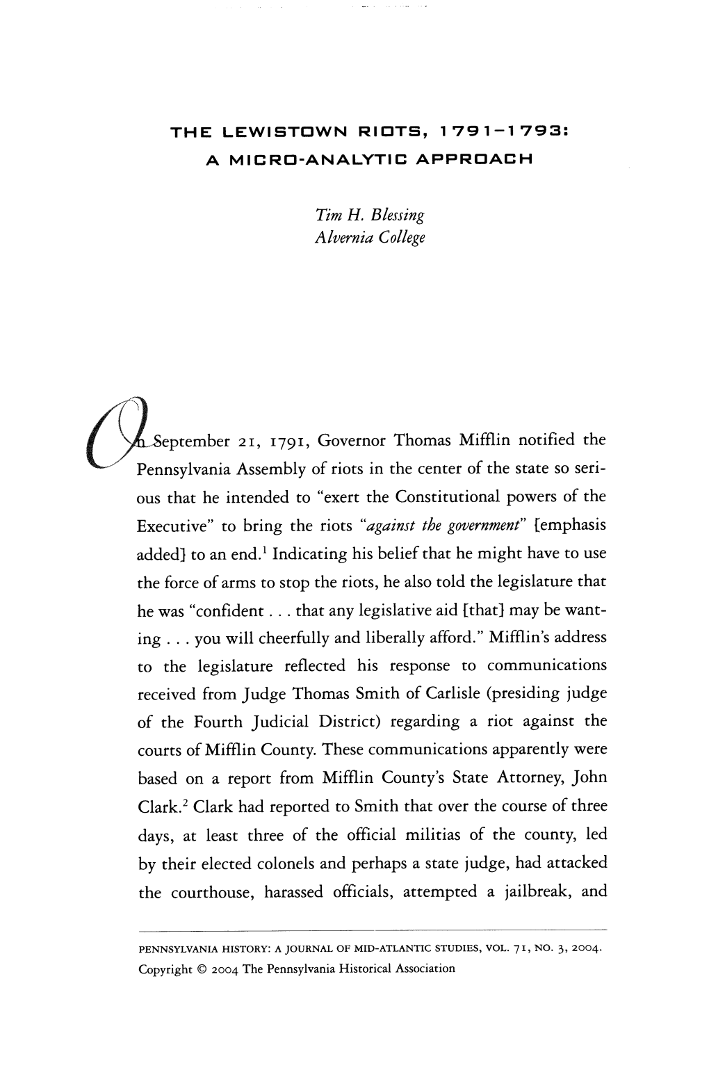 Tim H. Blessing Alvernia College Sseptember 21, 1791, Governor