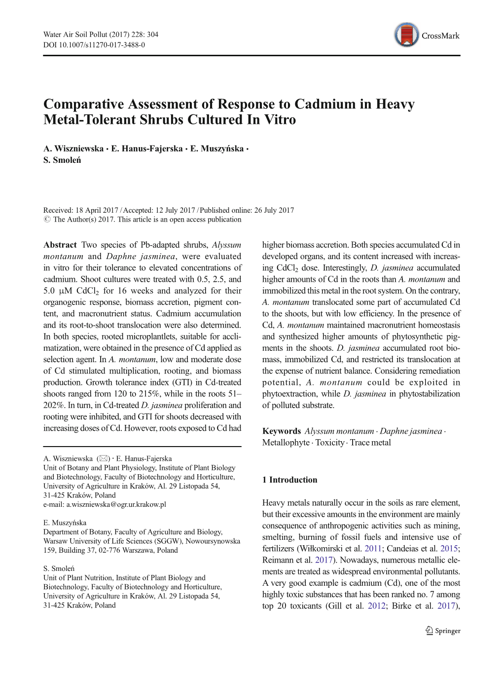 Comparative Assessment of Response to Cadmium in Heavy Metal-Tolerant Shrubs Cultured in Vitro