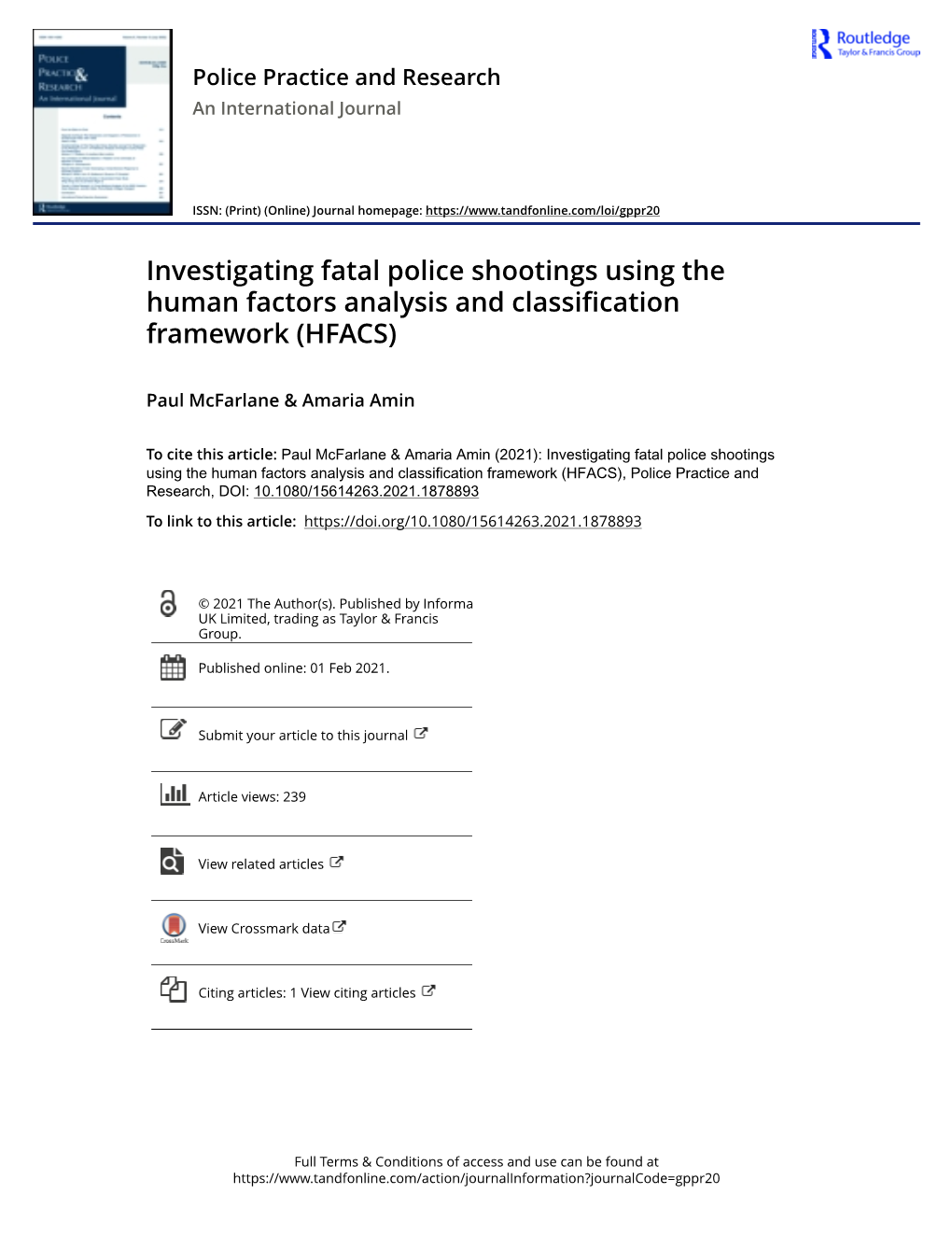 Investigating Fatal Police Shootings Using the Human Factors Analysis and Classification Framework (HFACS)