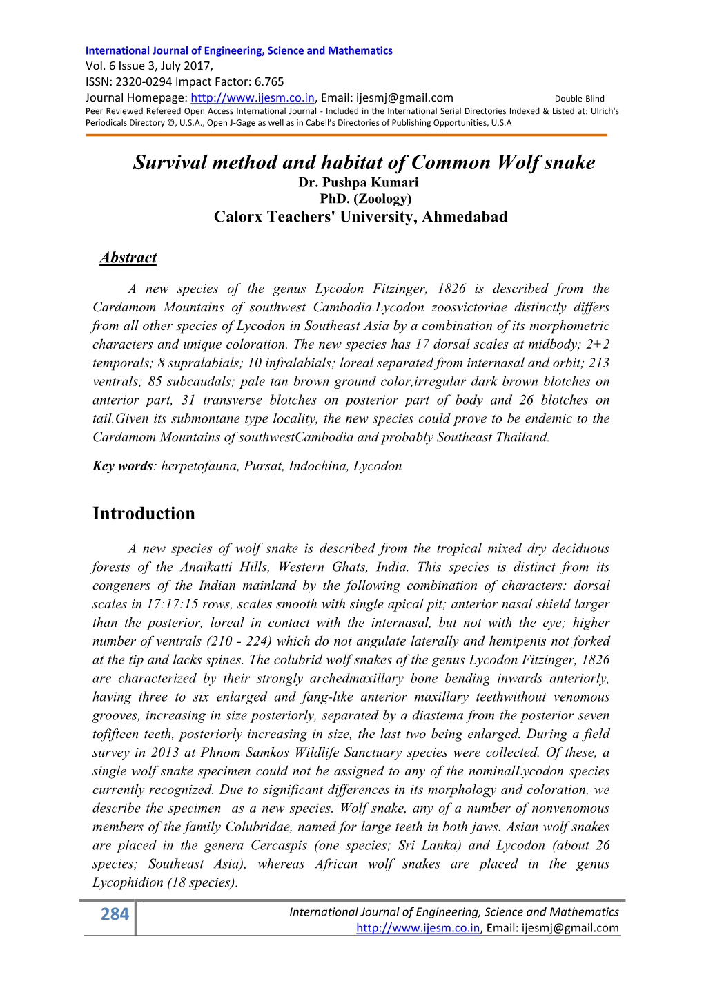 Survival Method and Habitat of Common Wolf Snake Dr