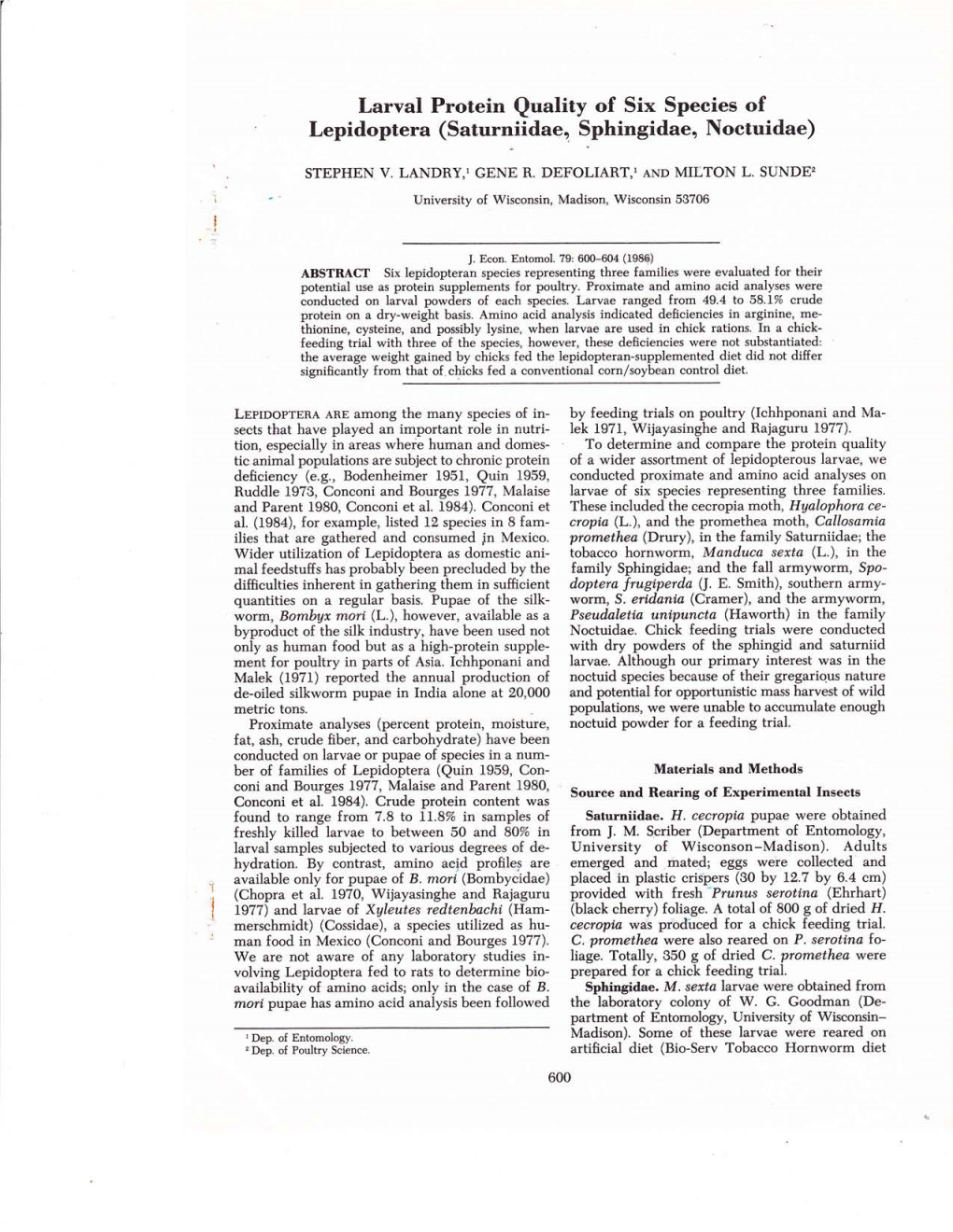 Larval Protein Quality of Six Species of Lepidoptera (Saturniidaeo Sphingidae, Noctuidae)