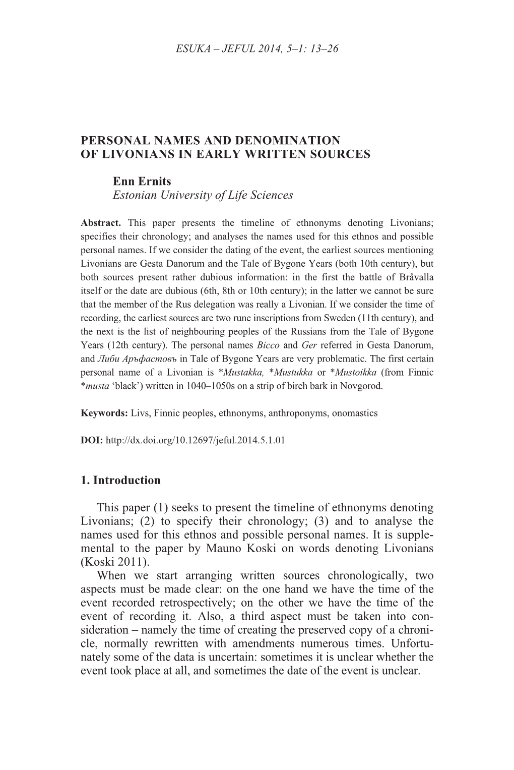 Personal Names and Denomination of Livonians in Early Written Sources