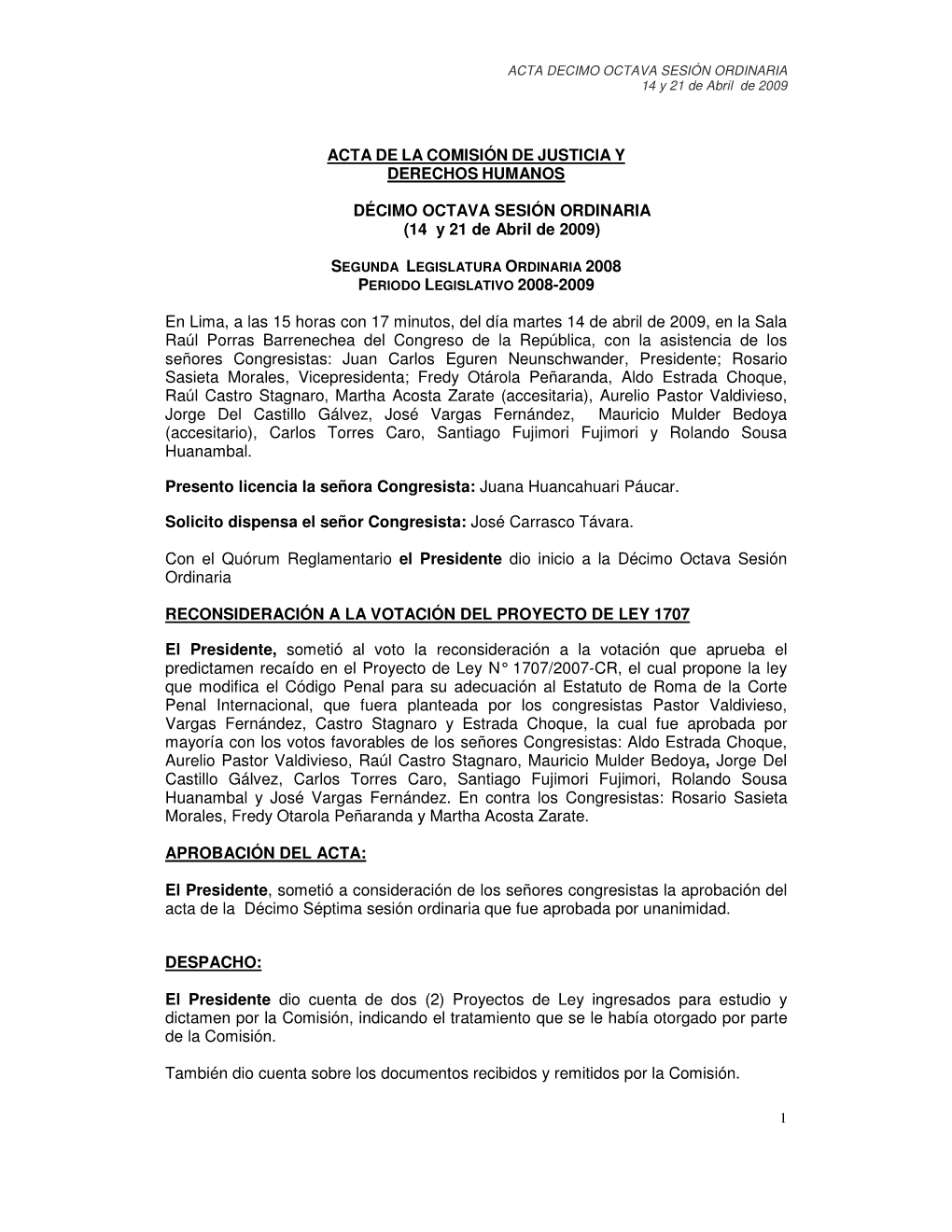 Acta De La Comisión De Justicia Y Derechos Humanos