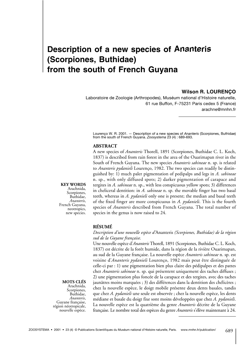 Description of a New Species of Ananteris (Scorpiones, Buthidae) from the South of French Guyana