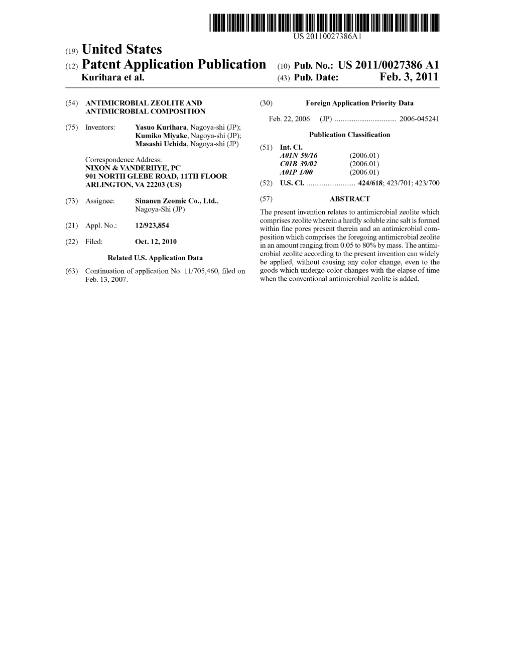 (12) Patent Application Publication (10) Pub. No.: US 2011/0027386 A1 Kurihara Et Al