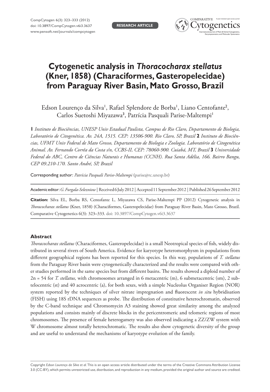 Cytogenetic Analysis in Thoracocharax Stellatus (Kner, 1858) (Characiformes, Gasteropelecidae) from Paraguay River Basin, Mato Grosso, Brazil