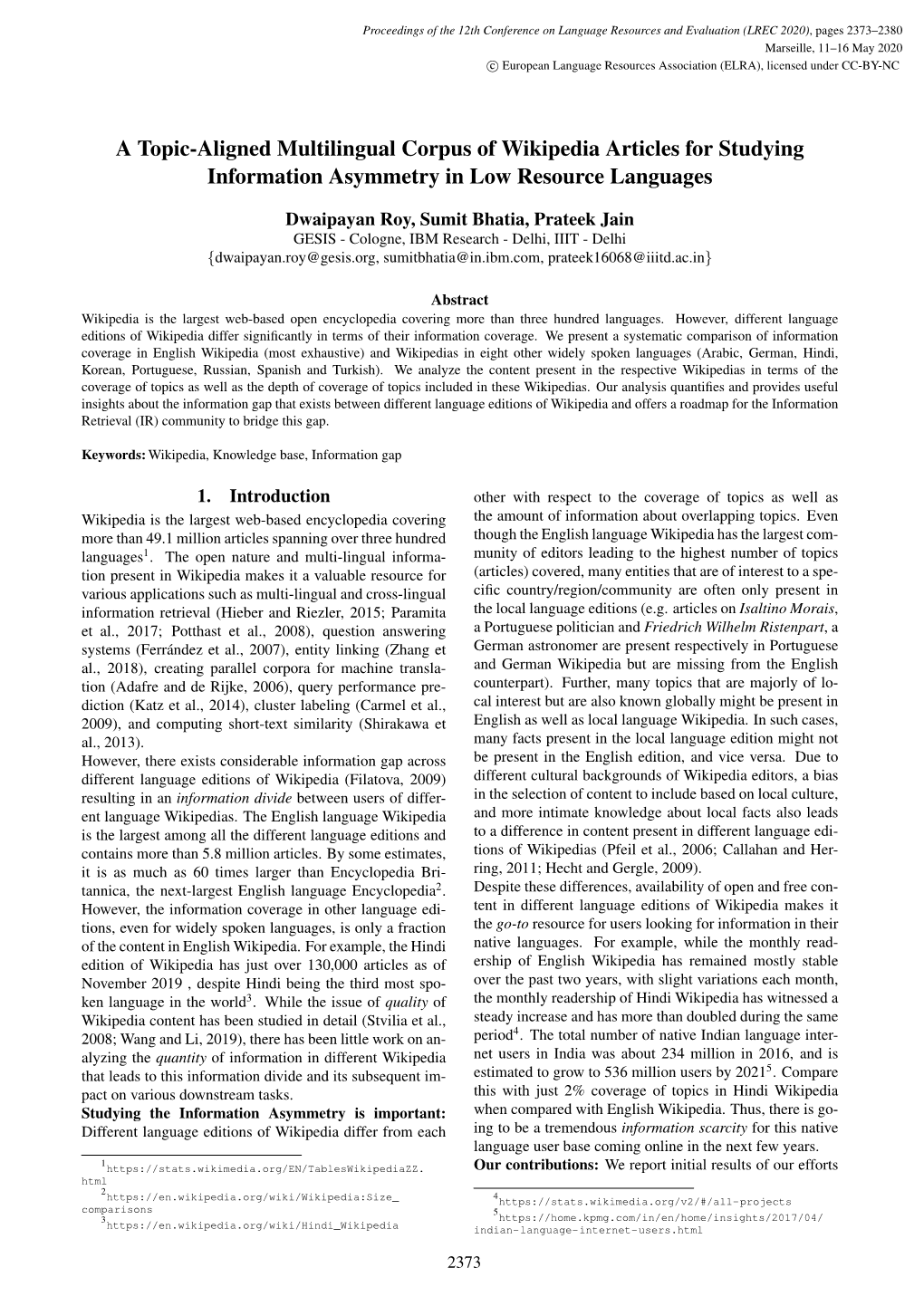 A Topic-Aligned Multilingual Corpus of Wikipedia Articles for Studying Information Asymmetry in Low Resource Languages