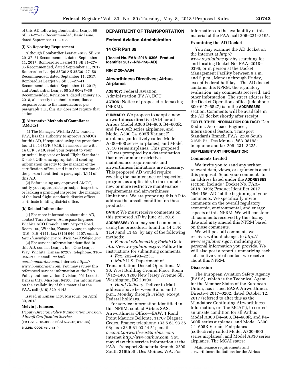 Federal Register/Vol. 83, No. 89/Tuesday, May 8, 2018/Proposed