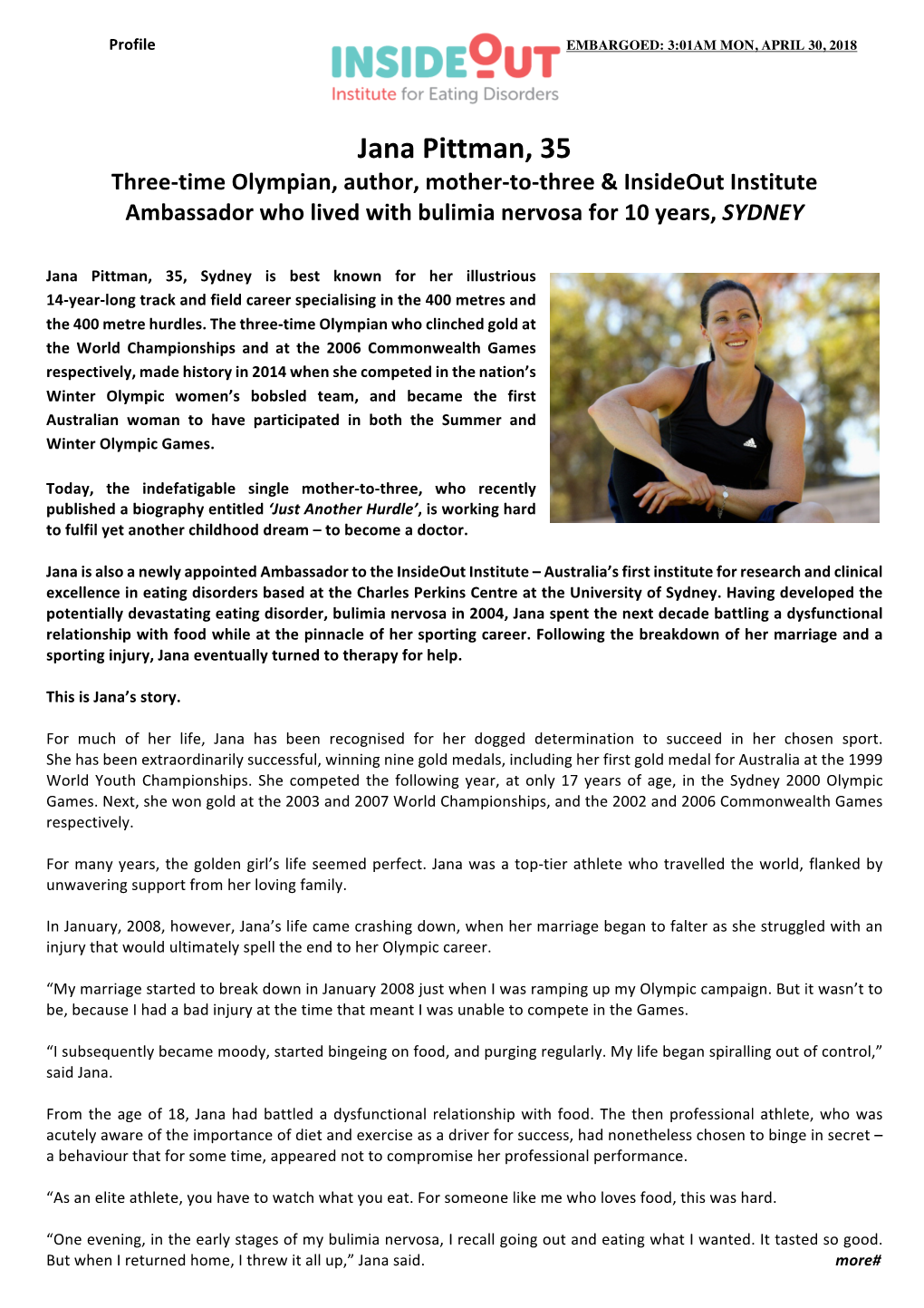 Jana Pittman, 35 Three-Time Olympian, Author, Mother-To-Three & Insideout Institute Ambassador Who Lived with Bulimia Nervosa for 10 Years, SYDNEY