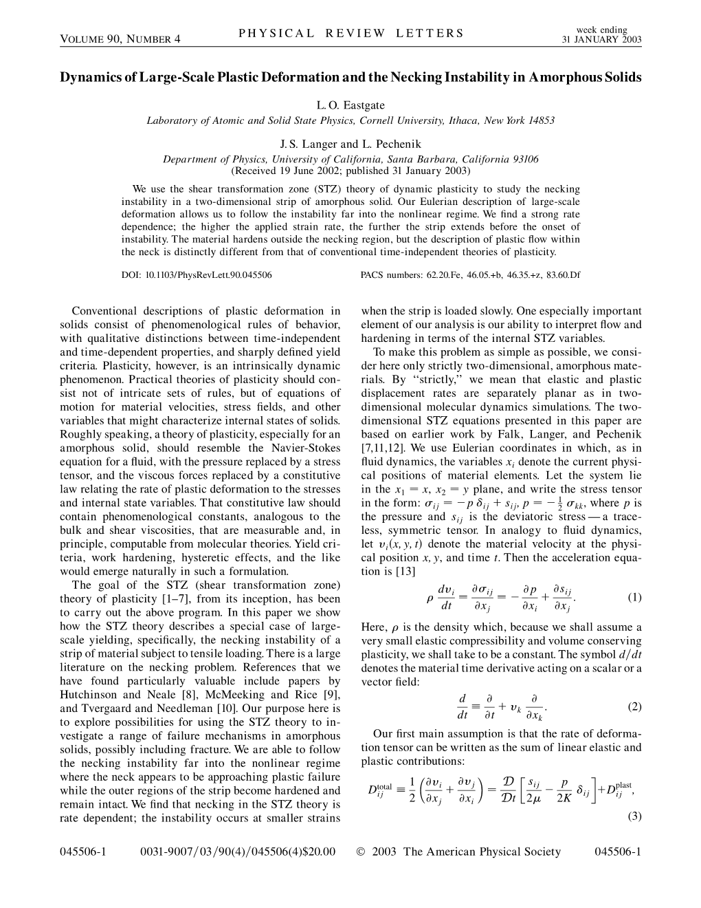 Dynamics of Large-Scale Plastic Deformation and the Necking Instability in Amorphous Solids