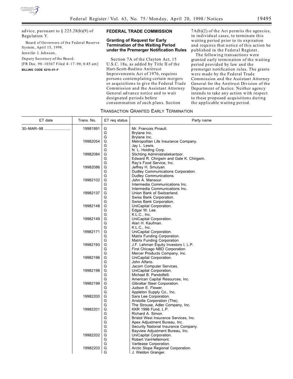 Federal Register/Vol. 63, No. 75/Monday, April 20, 1998/Notices