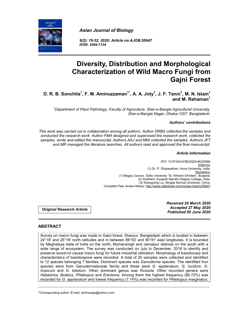 Diversity, Distribution and Morphological Characterization of Wild Macro Fungi from Gajni Forest