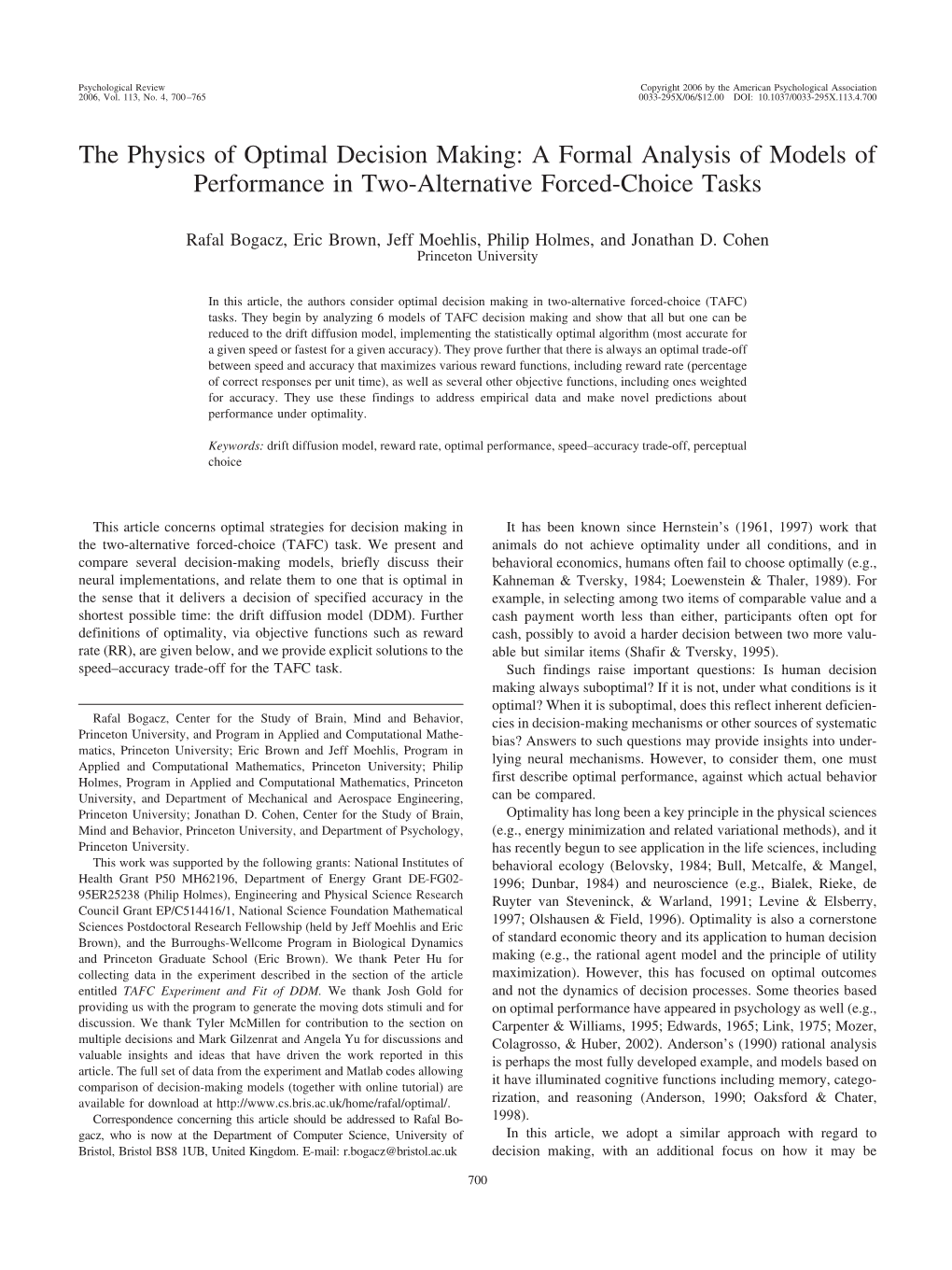 The Physics of Optimal Decision Making: a Formal Analysis of Models of Performance in Two-Alternative Forced-Choice Tasks
