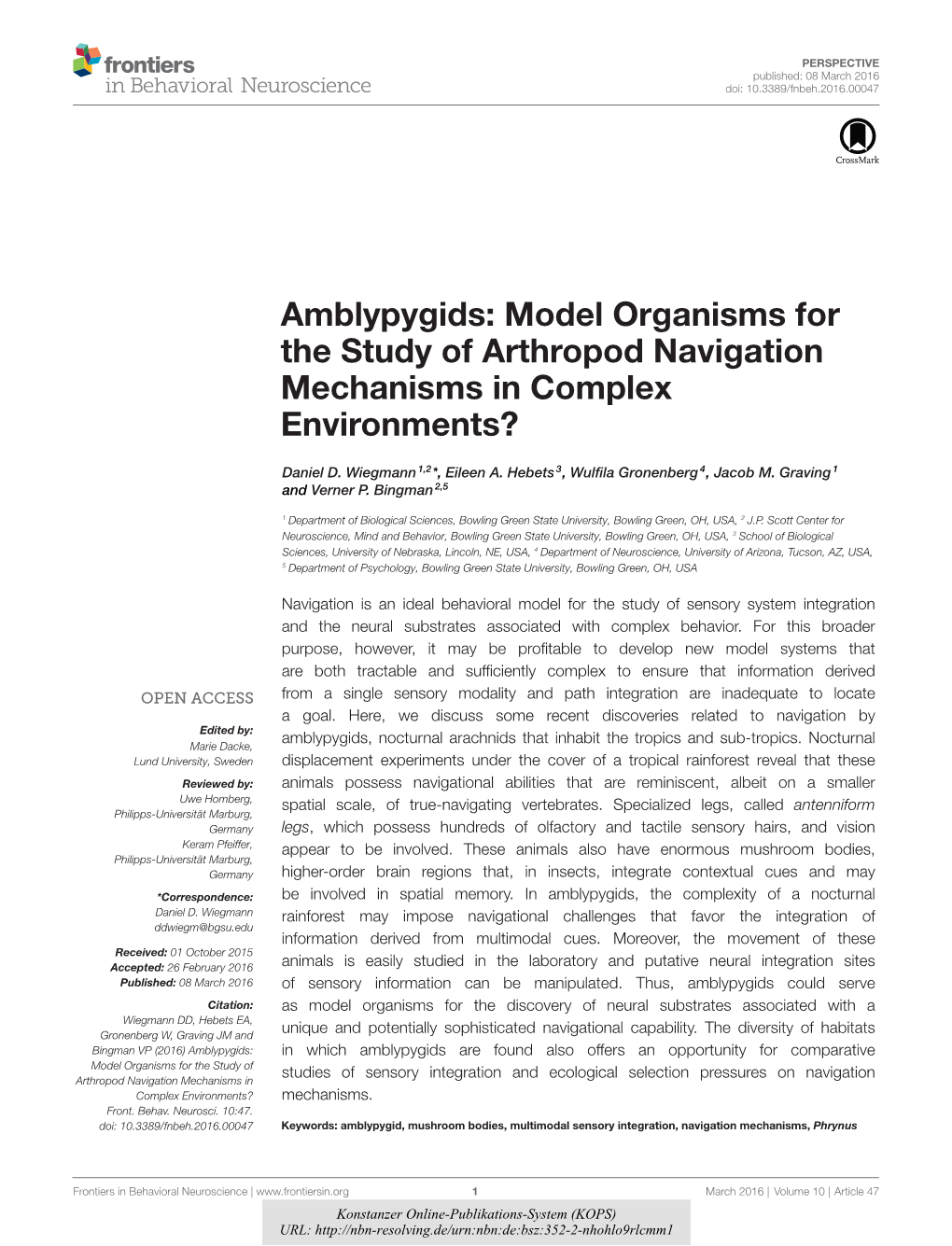 Amblypygids : Model Organisms for the Study of Arthropod Navigation